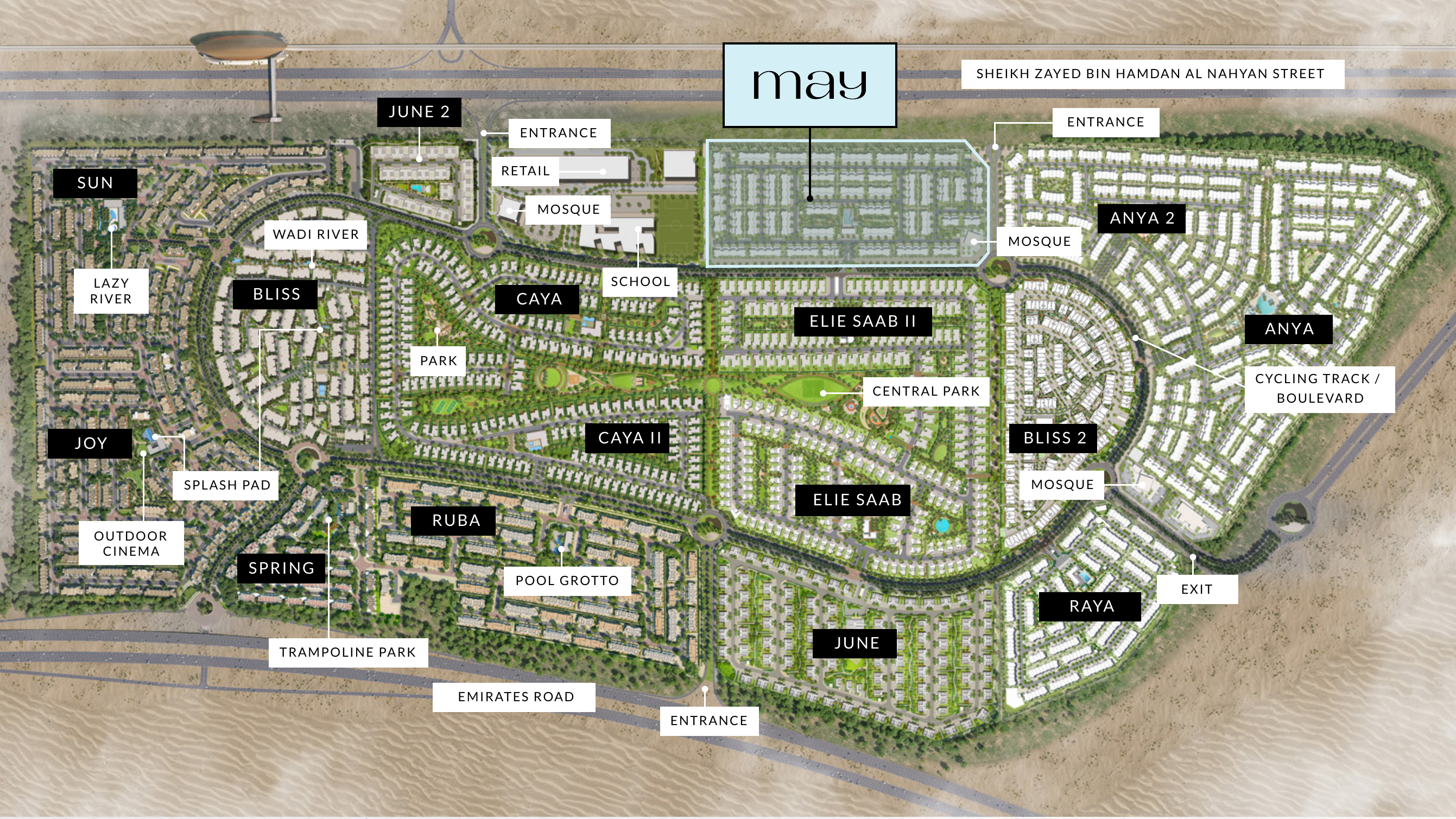 Arabian Ranches III community masterplan showing clusters, parks, amenities and access points